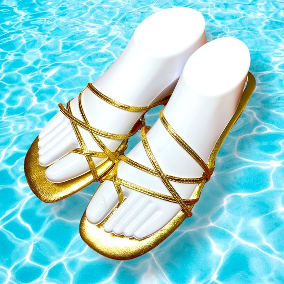 ZARA Womens Size 7.5 38 Metallic GOLD Slide Strappy Sandals Flats Flip Flops NEW